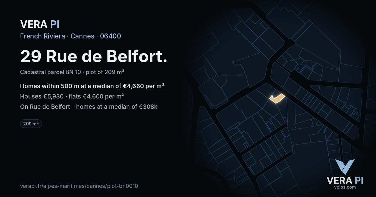 29 Rue de Belfort, Cannes at night – the plot lit, the parcels around coloured by the prices near them