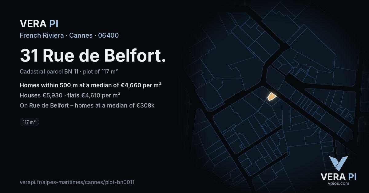31 Rue de Belfort, Cannes at night – the plot lit, the parcels around coloured by the prices near them