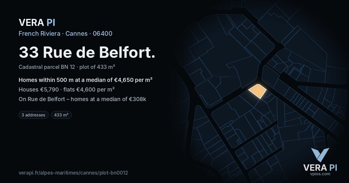 33 Rue de Belfort, Cannes at night – the plot lit, the parcels around coloured by the prices near them
