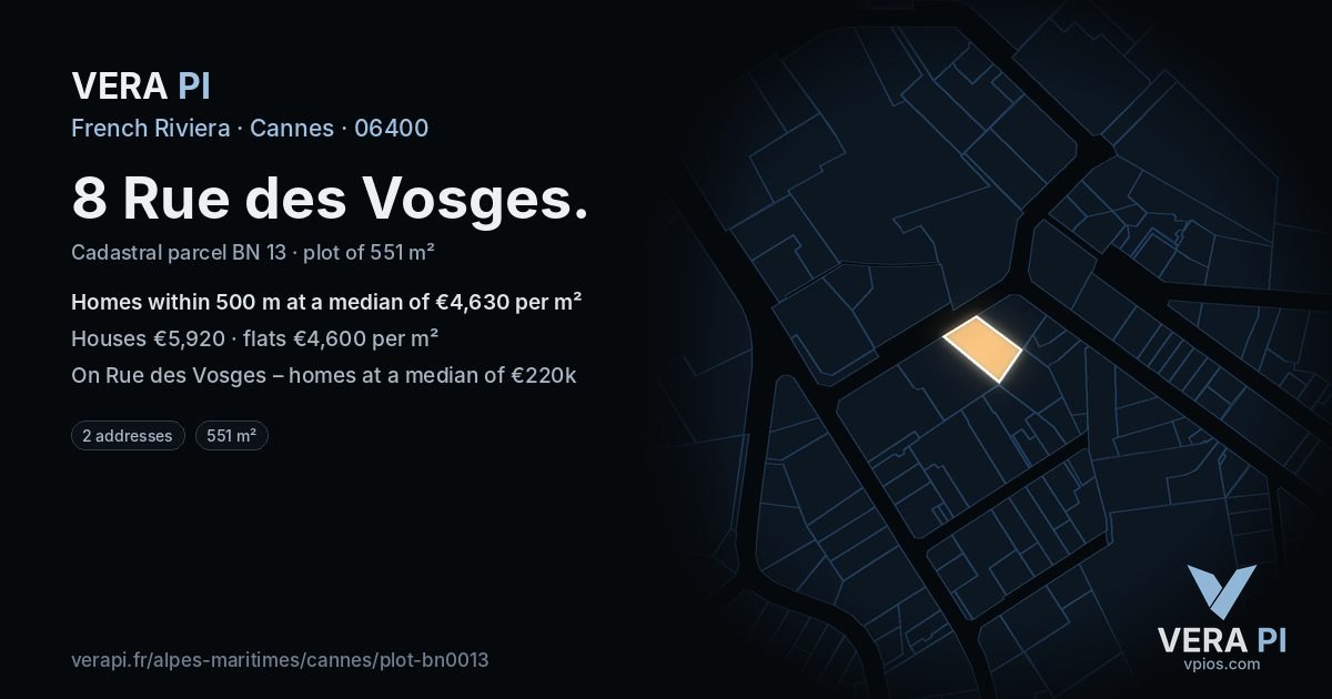8 Rue des Vosges, Cannes at night – the plot lit, the parcels around coloured by the prices near them