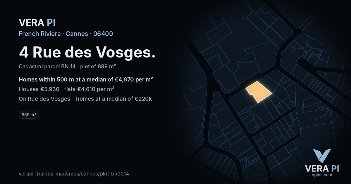 4 Rue des Vosges, Cannes at night – the plot lit, the parcels around coloured by the prices near them