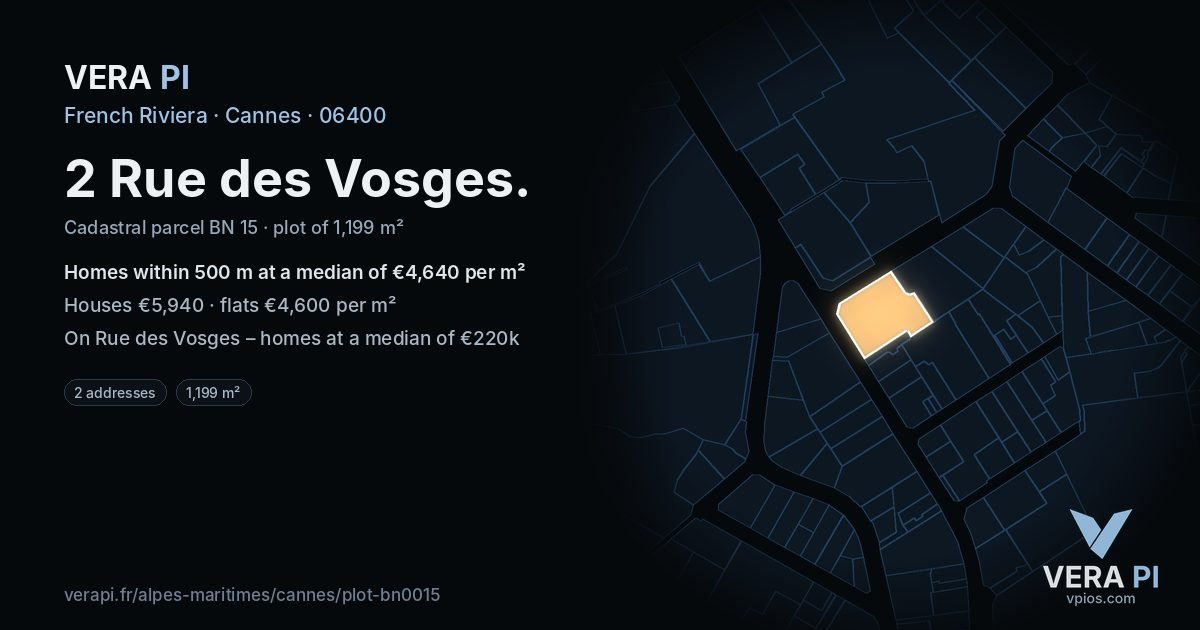 2 Rue des Vosges, Cannes at night – the plot lit, the parcels around coloured by the prices near them