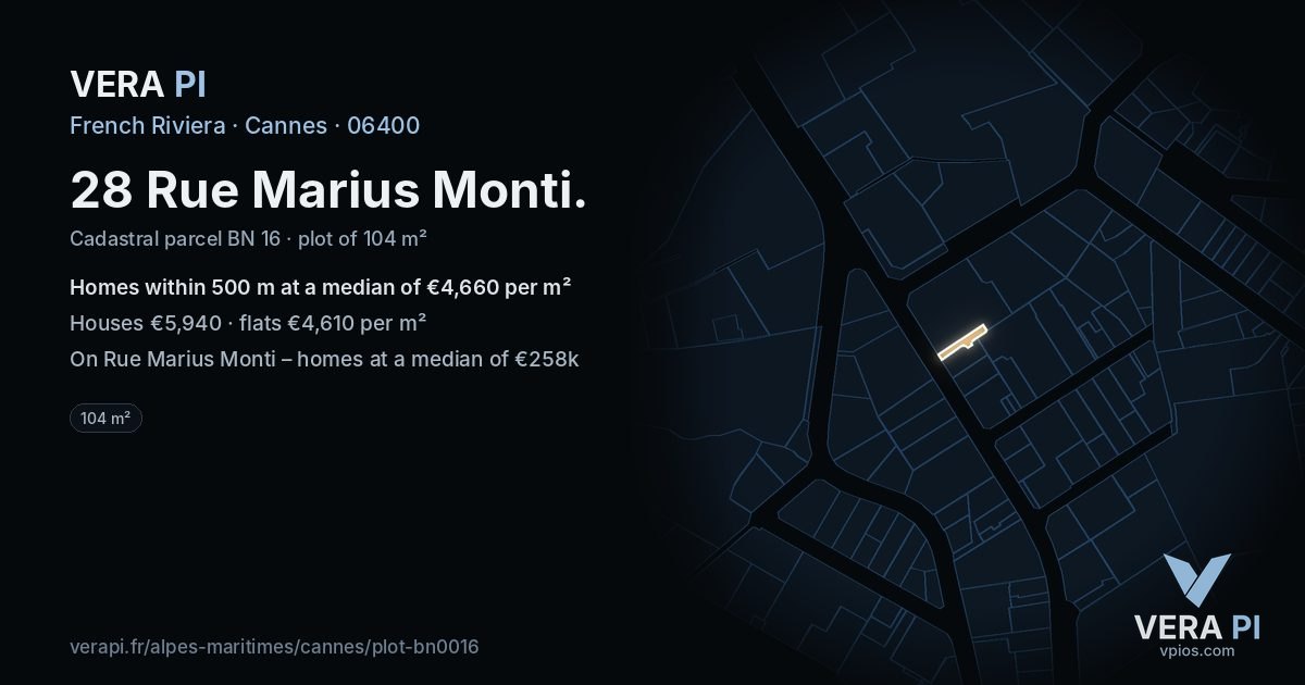 28 Rue Marius Monti, Cannes at night – the plot lit, the parcels around coloured by the prices near them