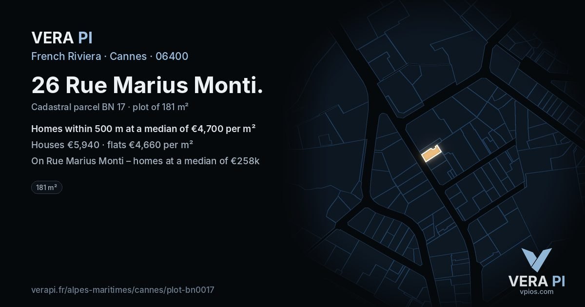 26 Rue Marius Monti, Cannes at night – the plot lit, the parcels around coloured by the prices near them