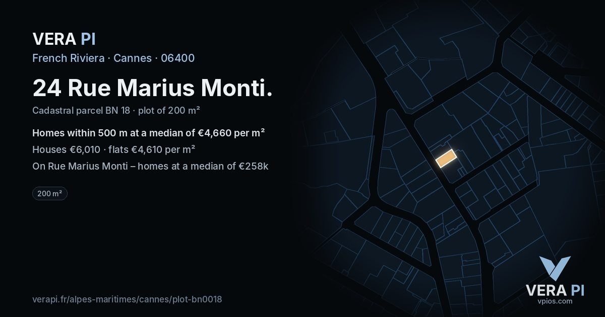 24 Rue Marius Monti, Cannes at night – the plot lit, the parcels around coloured by the prices near them