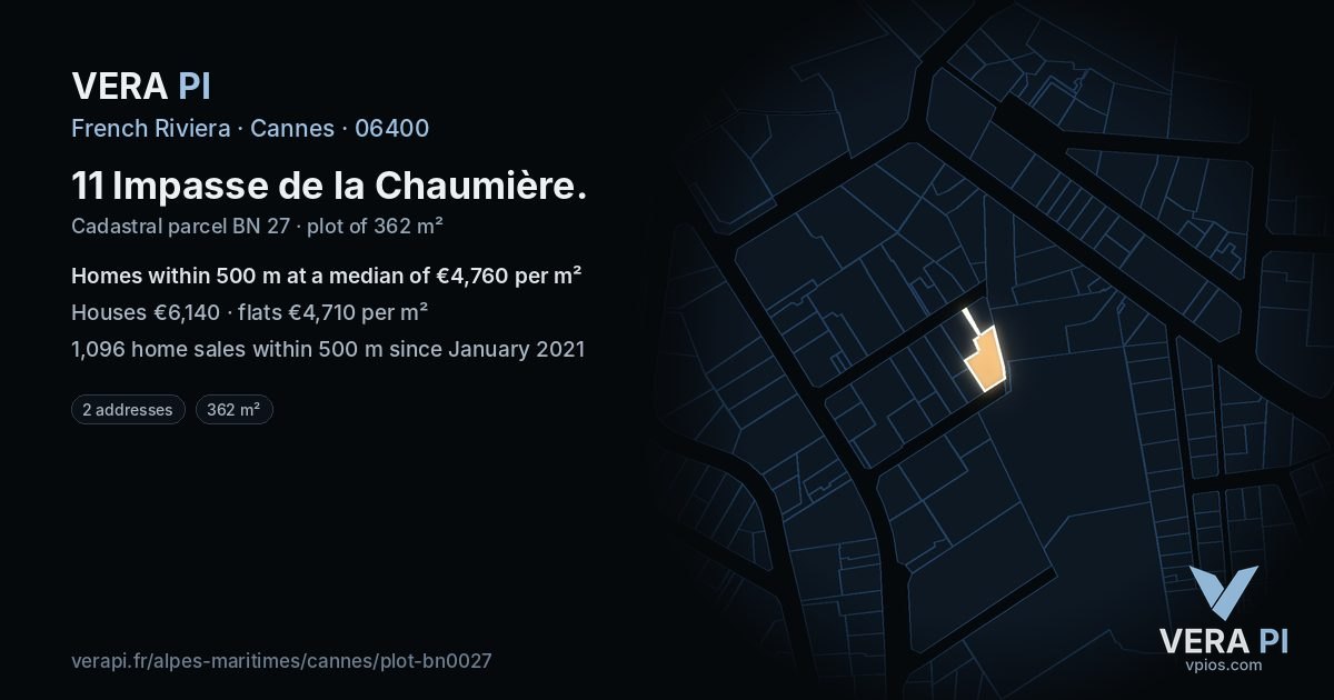 11 Impasse de la Chaumière, Cannes at night – the plot lit, the parcels around coloured by the prices near them