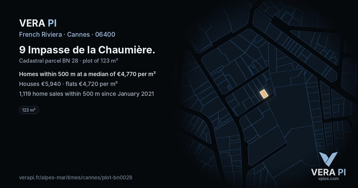 9 Impasse de la Chaumière, Cannes at night – the plot lit, the parcels around coloured by the prices near them