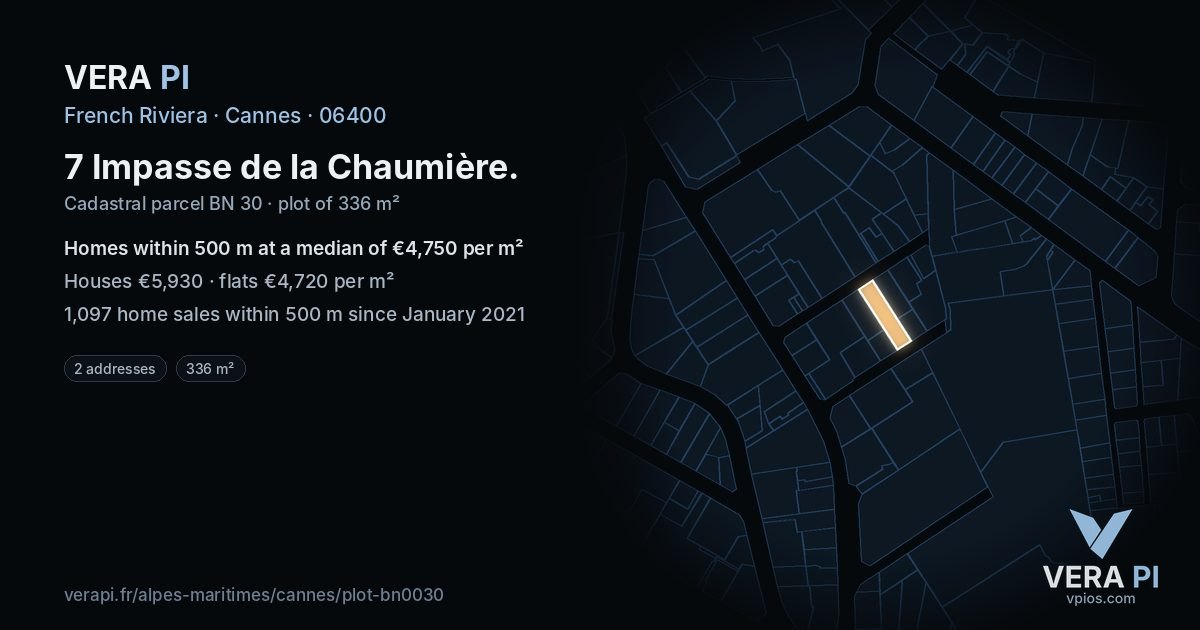 7 Impasse de la Chaumière, Cannes at night – the plot lit, the parcels around coloured by the prices near them