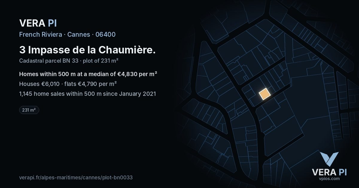 3 Impasse de la Chaumière, Cannes at night – the plot lit, the parcels around coloured by the prices near them