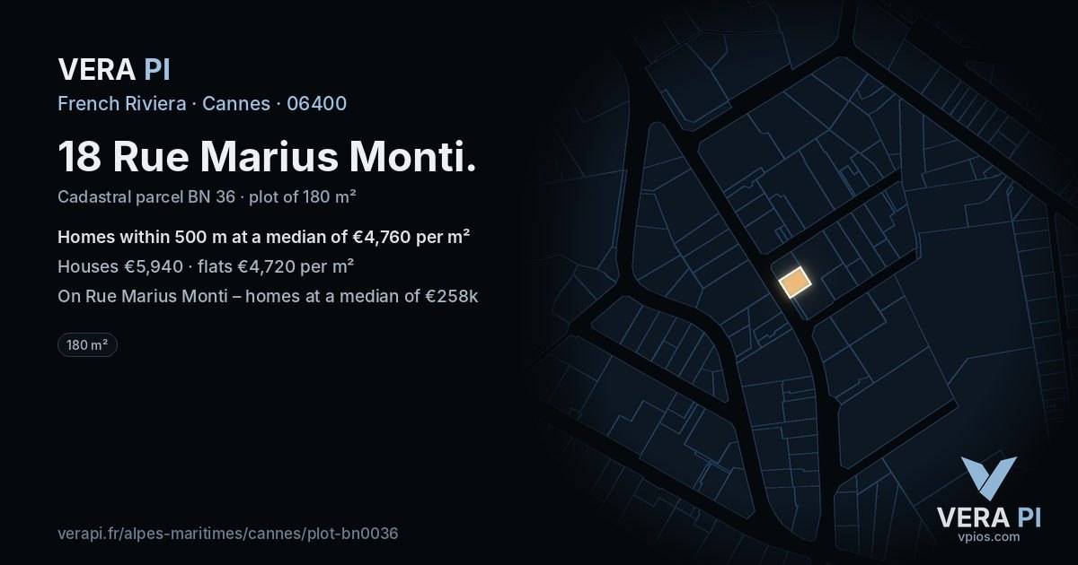 18 Rue Marius Monti, Cannes at night – the plot lit, the parcels around coloured by the prices near them