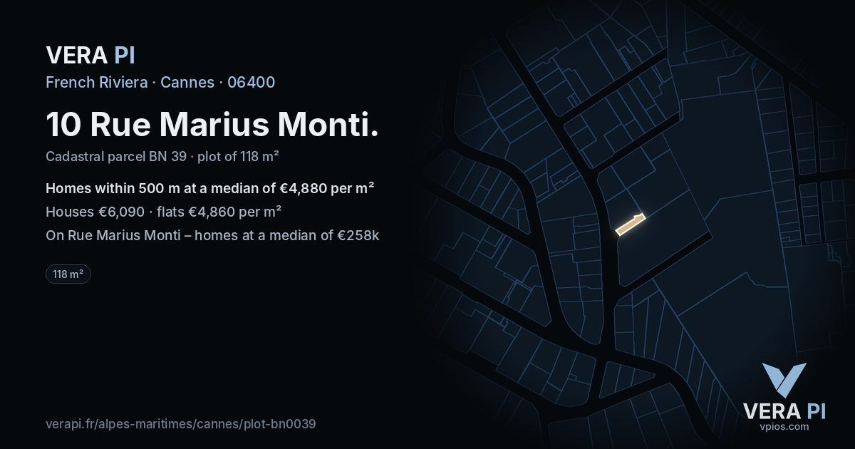 10 Rue Marius Monti, Cannes at night – the plot lit, the parcels around coloured by the prices near them