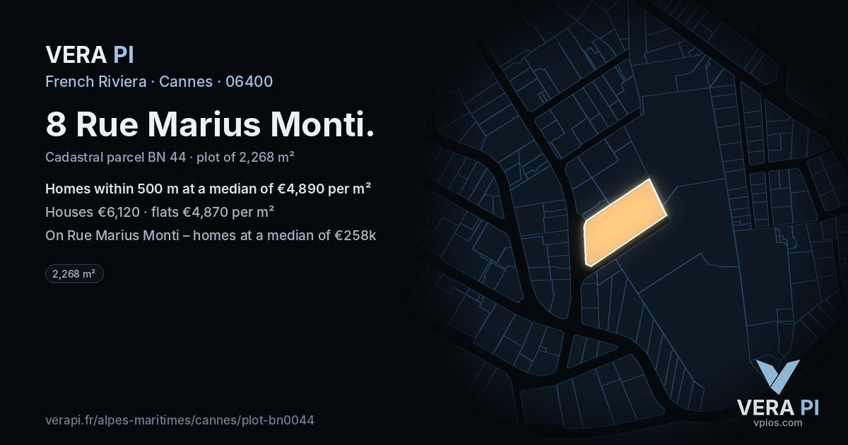 8 Rue Marius Monti, Cannes at night – the plot lit, the parcels around coloured by the prices near them