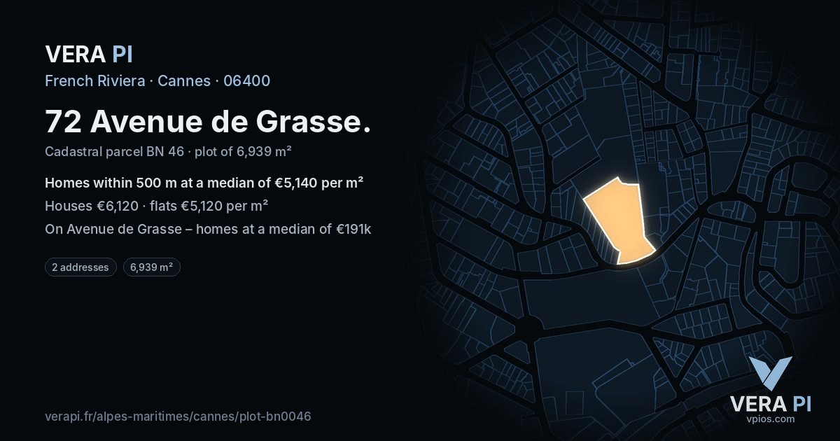72 Avenue de Grasse, Cannes at night – the plot lit, the parcels around coloured by the prices near them