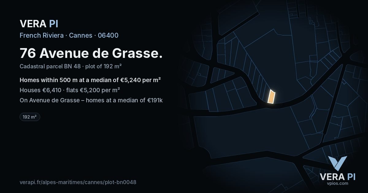 76 Avenue de Grasse, Cannes at night – the plot lit, the parcels around coloured by the prices near them