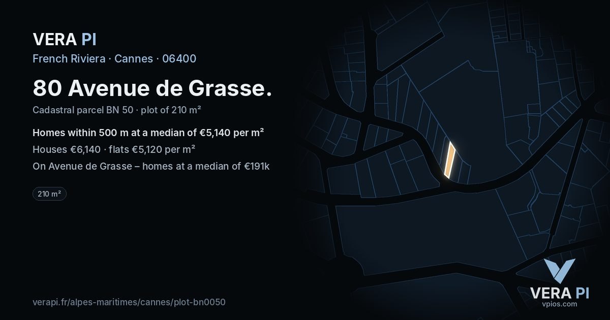 80 Avenue de Grasse, Cannes at night – the plot lit, the parcels around coloured by the prices near them