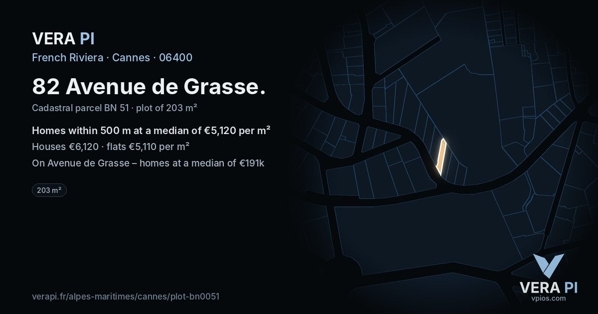 82 Avenue de Grasse, Cannes at night – the plot lit, the parcels around coloured by the prices near them