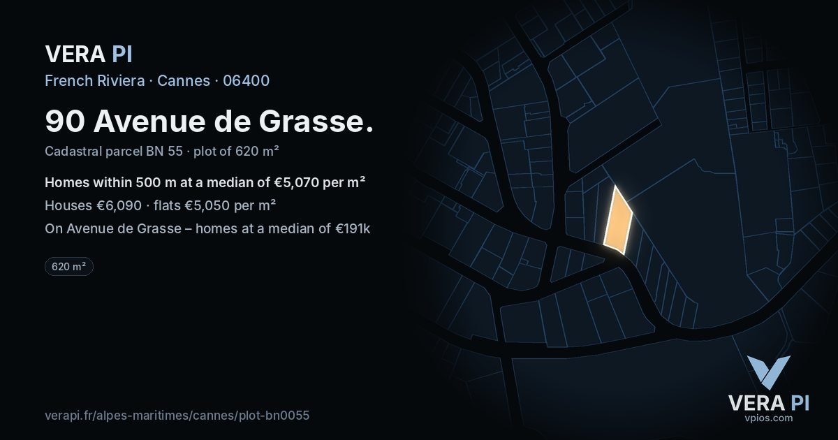 90 Avenue de Grasse, Cannes at night – the plot lit, the parcels around coloured by the prices near them