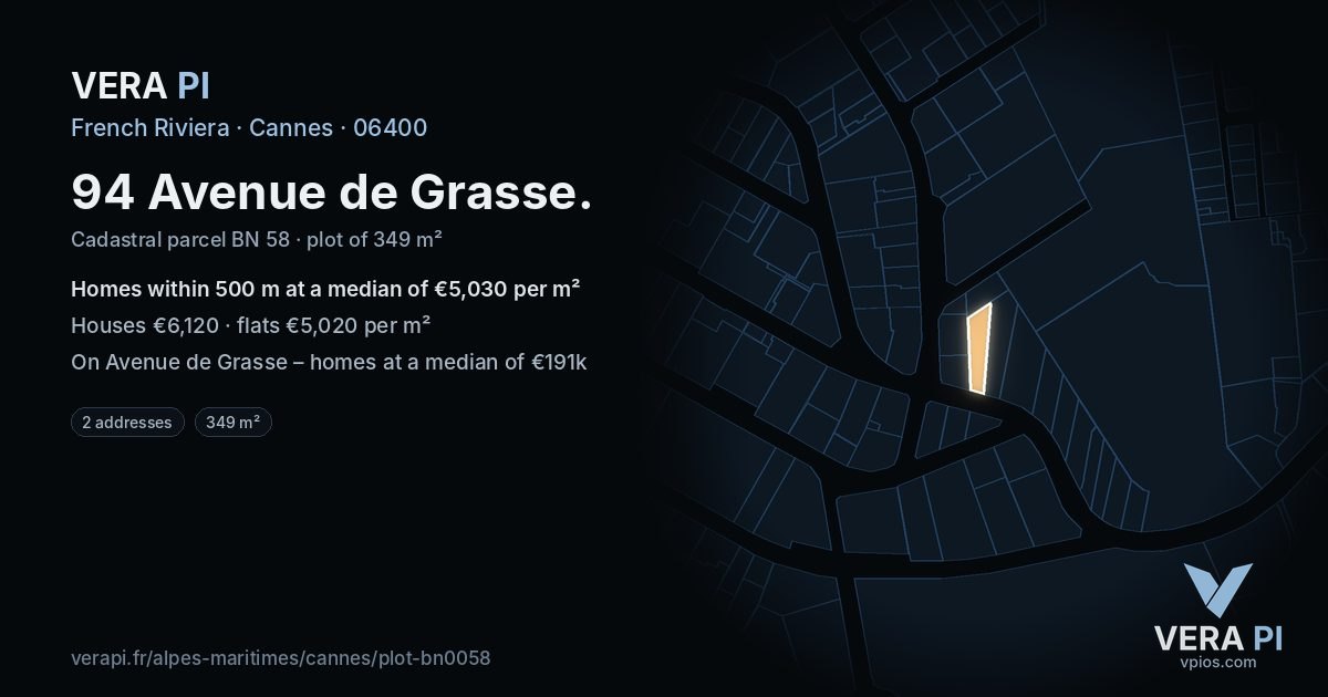 94 Avenue de Grasse, Cannes at night – the plot lit, the parcels around coloured by the prices near them