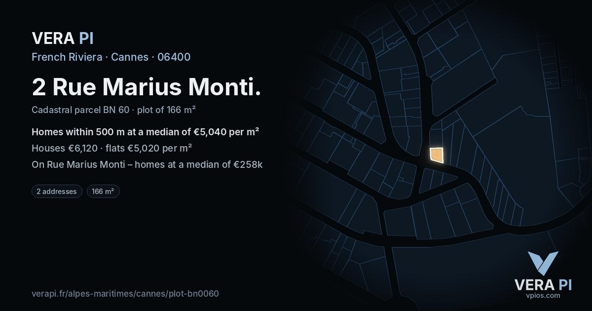 2 Rue Marius Monti, Cannes at night – the plot lit, the parcels around coloured by the prices near them