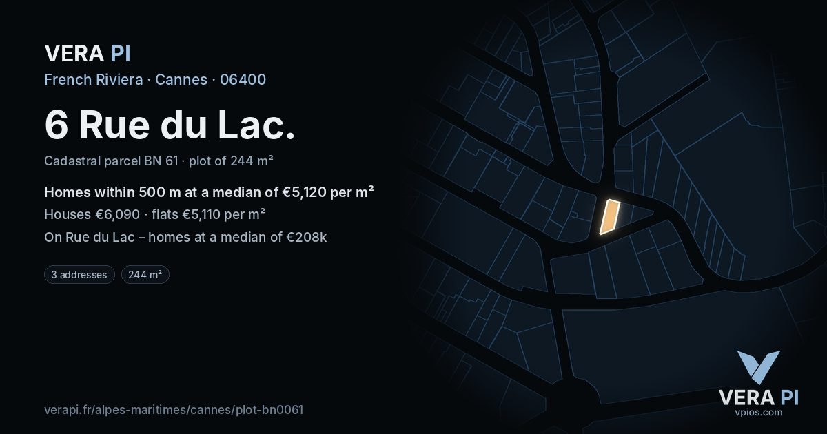 6 Rue du Lac, Cannes at night – the plot lit, the parcels around coloured by the prices near them