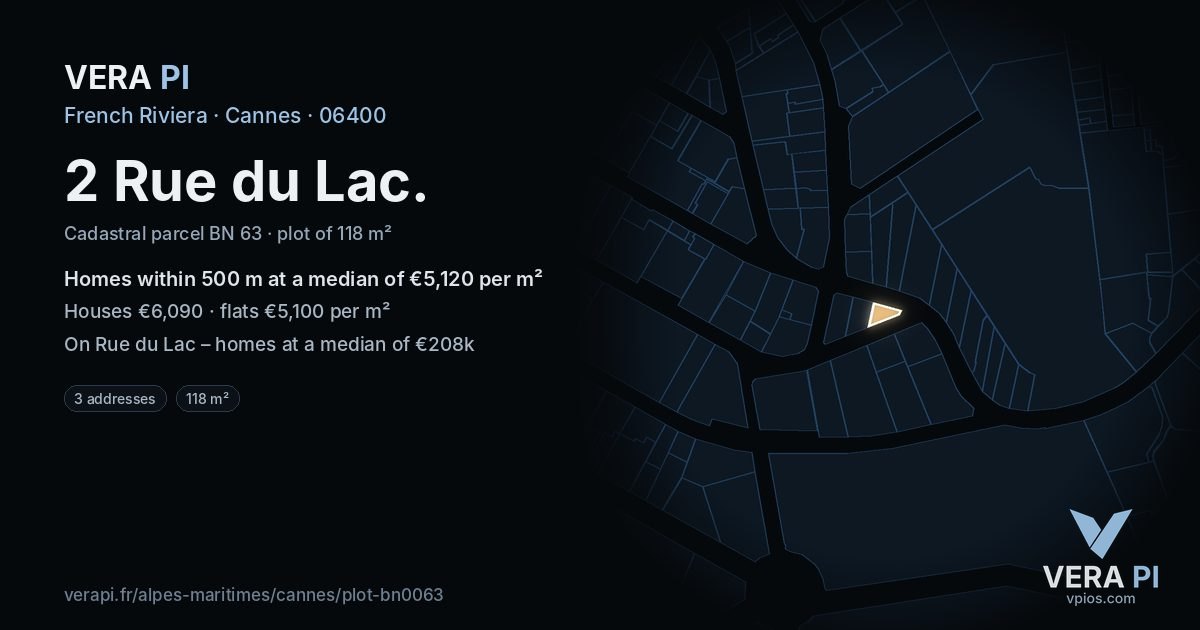 2 Rue du Lac, Cannes at night – the plot lit, the parcels around coloured by the prices near them
