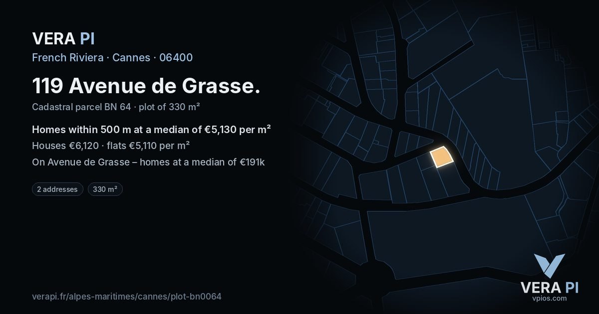 119 Avenue de Grasse, Cannes at night – the plot lit, the parcels around coloured by the prices near them