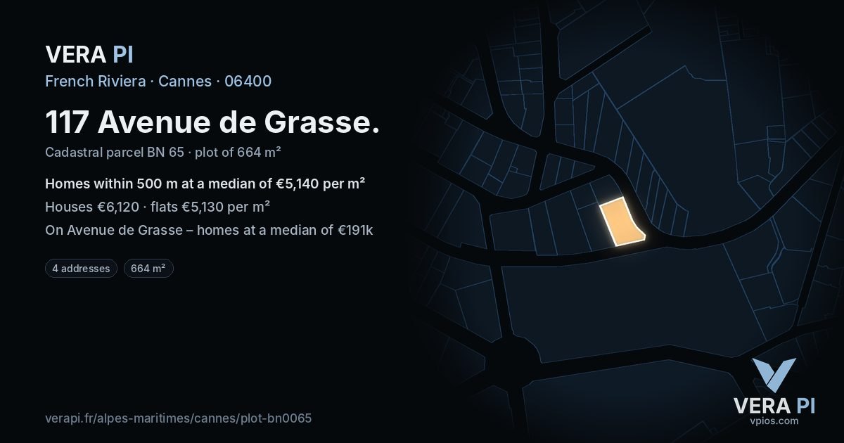 117 Avenue de Grasse, Cannes at night – the plot lit, the parcels around coloured by the prices near them