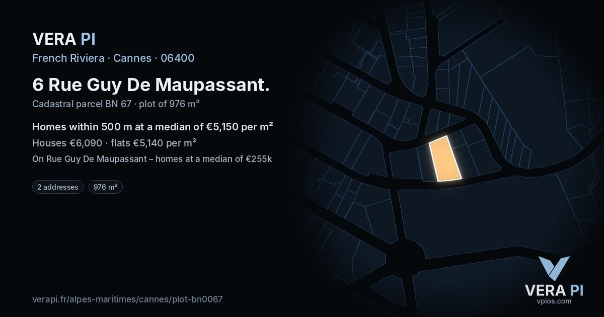 6 Rue Guy De Maupassant, Cannes at night – the plot lit, the parcels around coloured by the prices near them