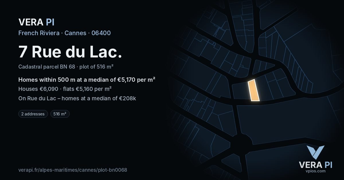 7 Rue du Lac, Cannes at night – the plot lit, the parcels around coloured by the prices near them
