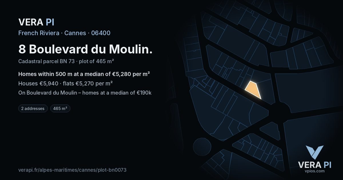 8 Boulevard du Moulin, Cannes at night – the plot lit, the parcels around coloured by the prices near them