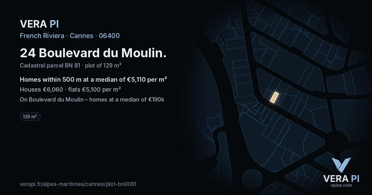 24 Boulevard du Moulin, Cannes at night – the plot lit, the parcels around coloured by the prices near them