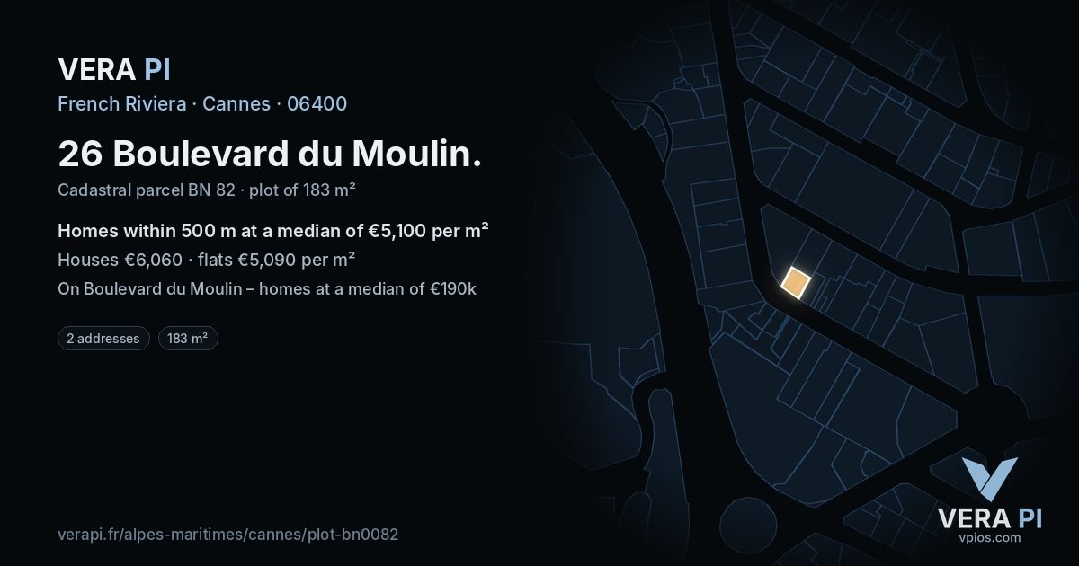 26 Boulevard du Moulin, Cannes at night – the plot lit, the parcels around coloured by the prices near them