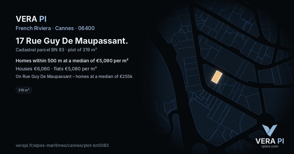 17 Rue Guy De Maupassant, Cannes at night – the plot lit, the parcels around coloured by the prices near them