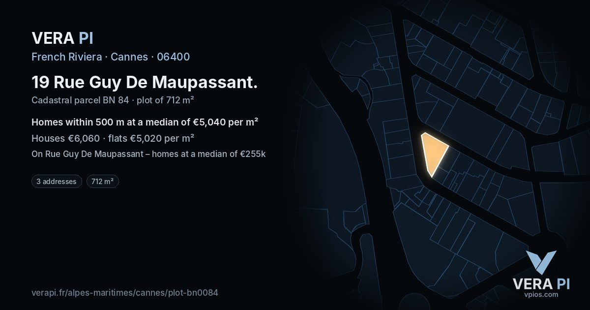 19 Rue Guy De Maupassant, Cannes at night – the plot lit, the parcels around coloured by the prices near them