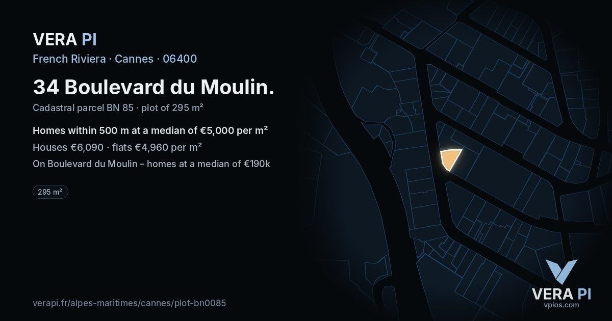 34 Boulevard du Moulin, Cannes at night – the plot lit, the parcels around coloured by the prices near them