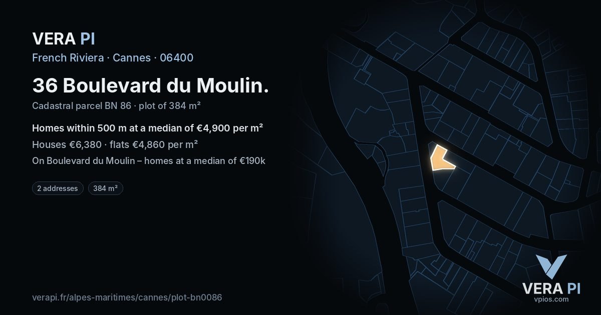 36 Boulevard du Moulin, Cannes at night – the plot lit, the parcels around coloured by the prices near them