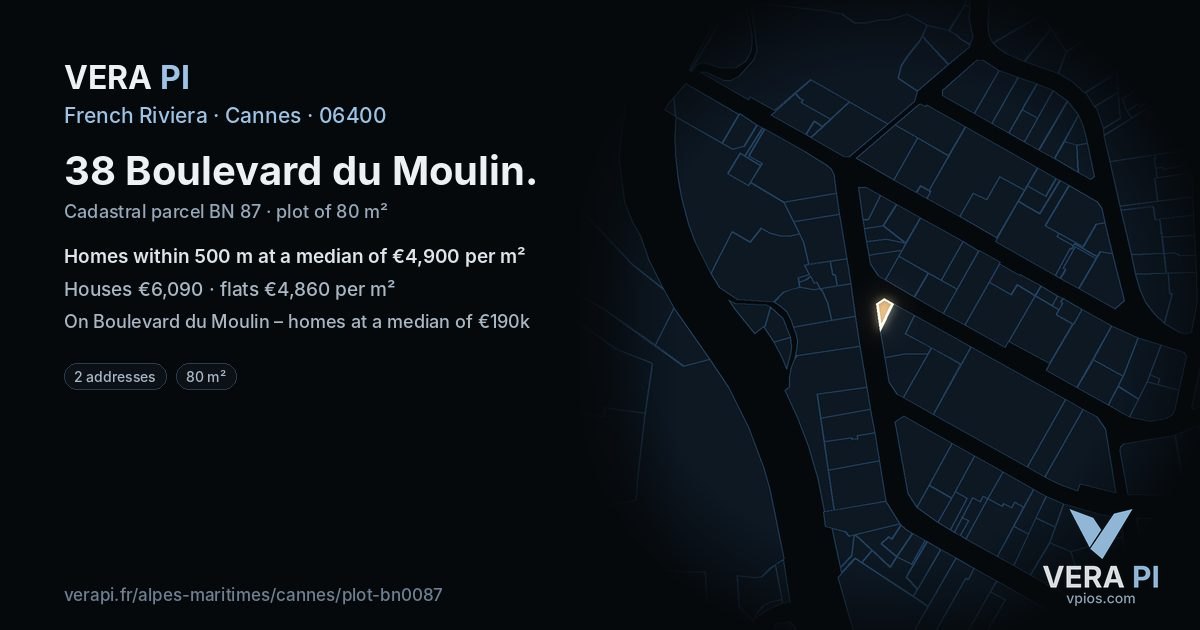 38 Boulevard du Moulin, Cannes at night – the plot lit, the parcels around coloured by the prices near them