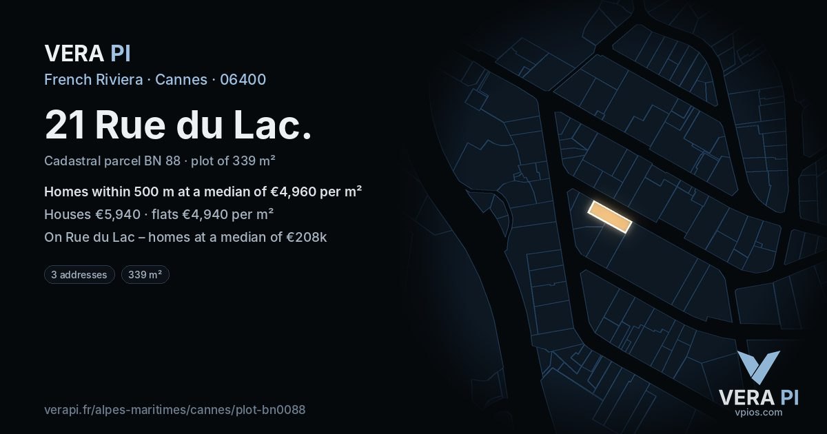 21 Rue du Lac, Cannes at night – the plot lit, the parcels around coloured by the prices near them