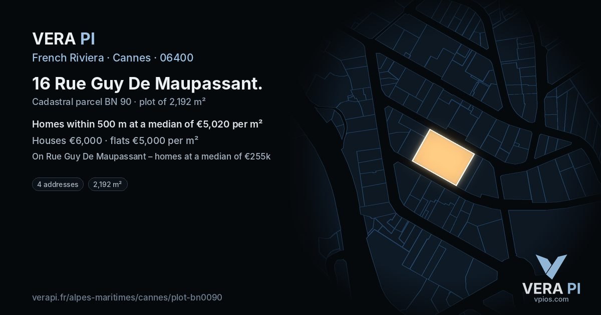 16 Rue Guy De Maupassant, Cannes at night – the plot lit, the parcels around coloured by the prices near them