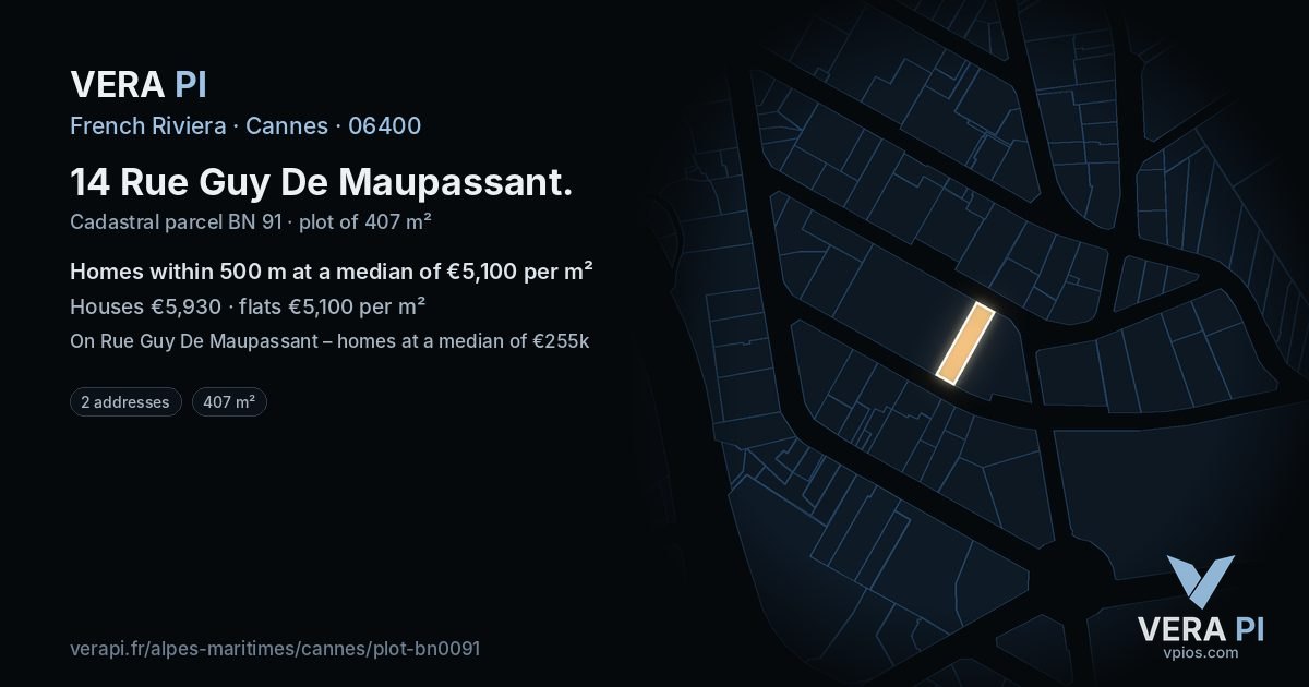 14 Rue Guy De Maupassant, Cannes at night – the plot lit, the parcels around coloured by the prices near them