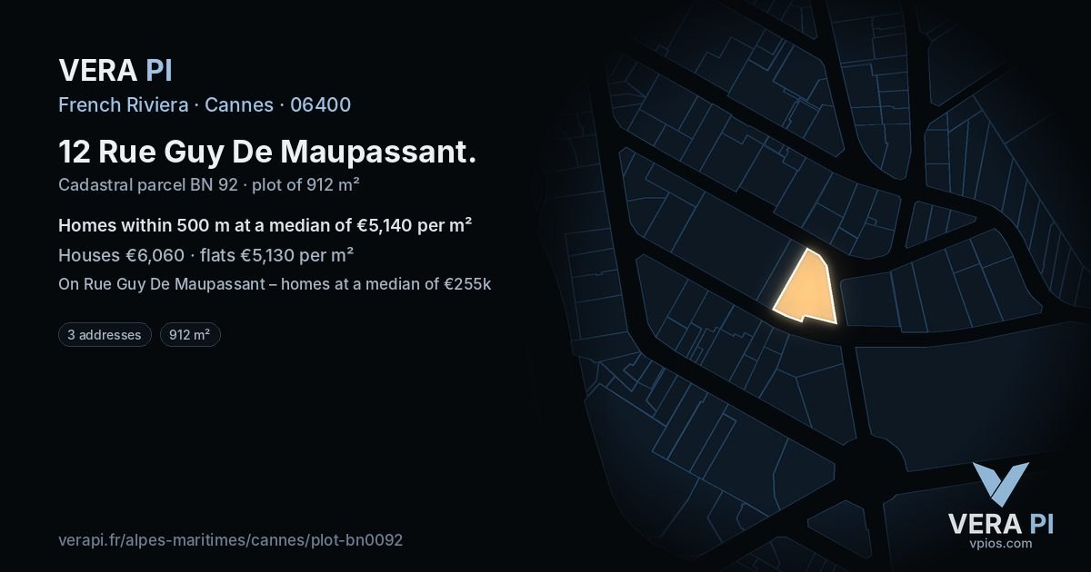 12 Rue Guy De Maupassant, Cannes at night – the plot lit, the parcels around coloured by the prices near them
