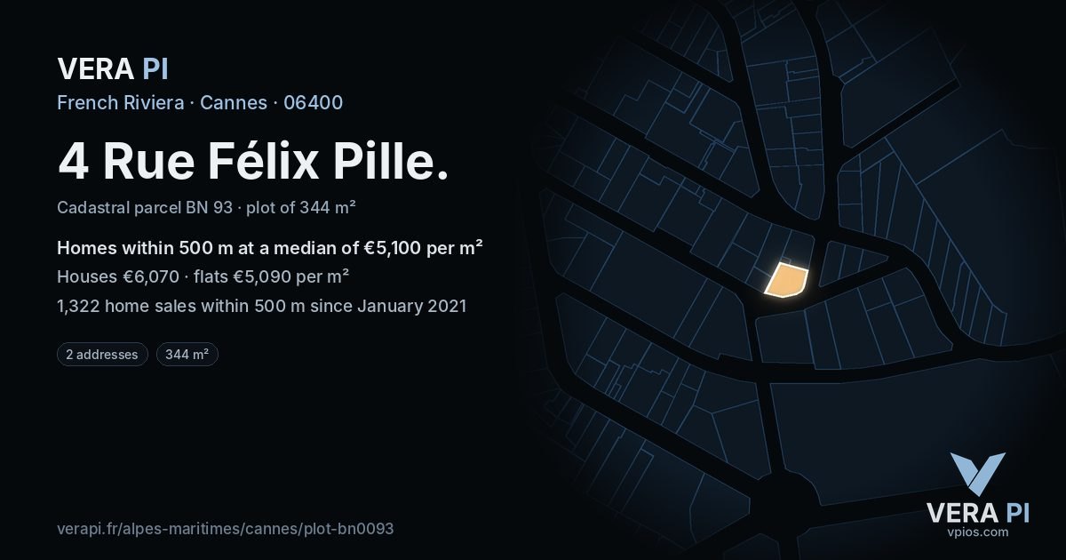 4 Rue Félix Pille, Cannes at night – the plot lit, the parcels around coloured by the prices near them