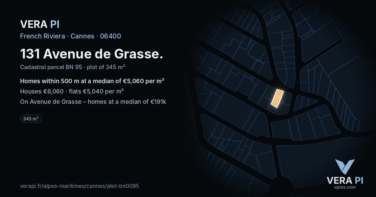 131 Avenue de Grasse, Cannes at night – the plot lit, the parcels around coloured by the prices near them