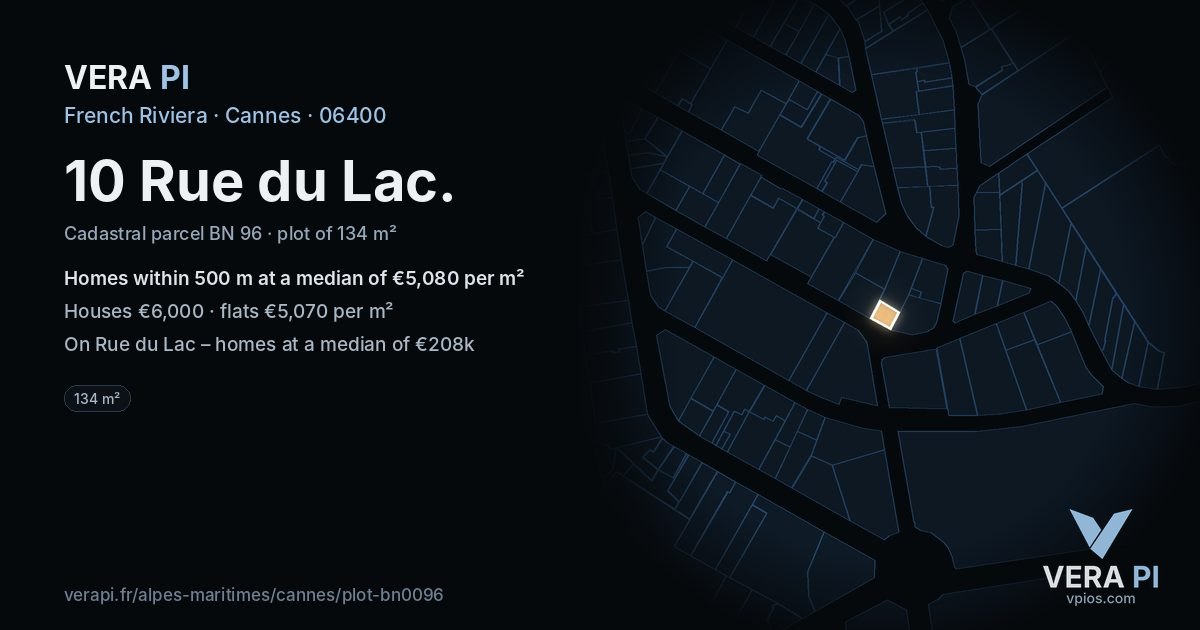 10 Rue du Lac, Cannes at night – the plot lit, the parcels around coloured by the prices near them
