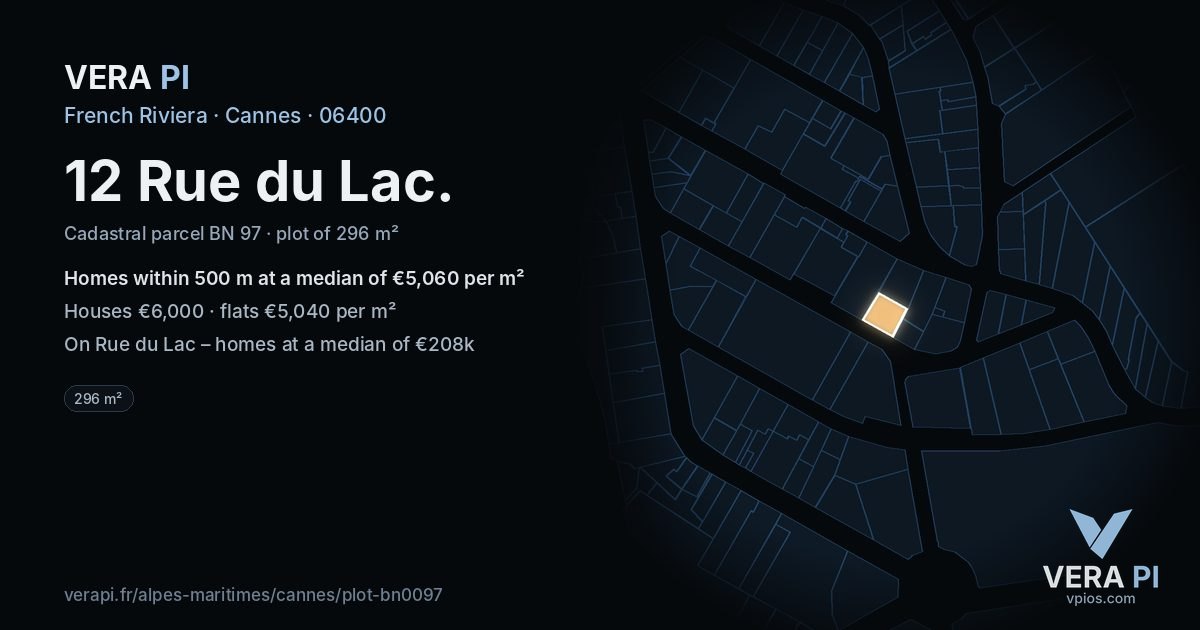 12 Rue du Lac, Cannes at night – the plot lit, the parcels around coloured by the prices near them