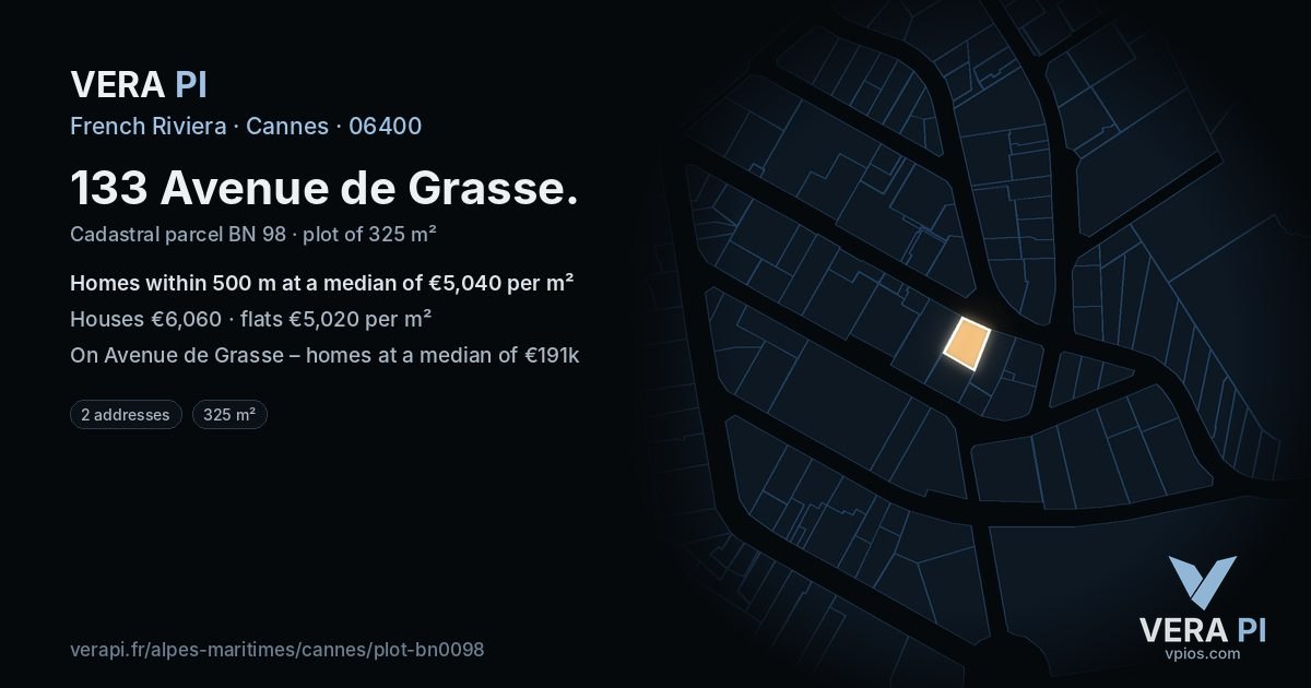 133 Avenue de Grasse, Cannes at night – the plot lit, the parcels around coloured by the prices near them
