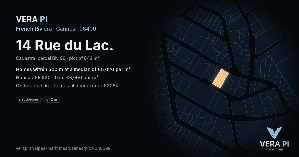14 Rue du Lac, Cannes at night – the plot lit, the parcels around coloured by the prices near them