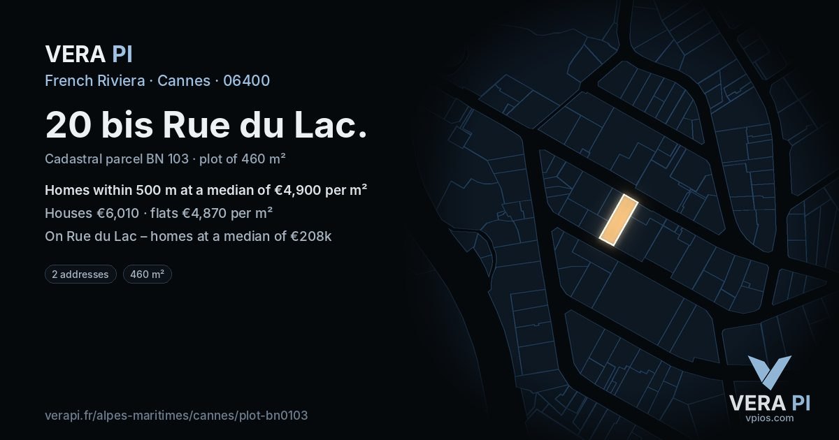 20 bis Rue du Lac, Cannes at night – the plot lit, the parcels around coloured by the prices near them