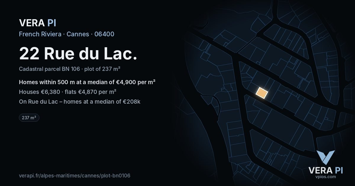 22 Rue du Lac, Cannes at night – the plot lit, the parcels around coloured by the prices near them