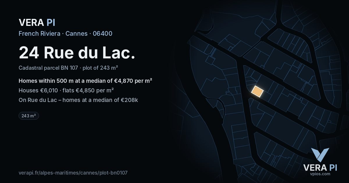 24 Rue du Lac, Cannes at night – the plot lit, the parcels around coloured by the prices near them